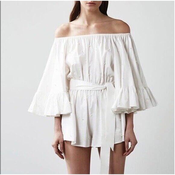 C/Meo Black Velvet Beaded Off the Shoulder Ruffle Sleeve Belted Romper - Picture 8 of 11